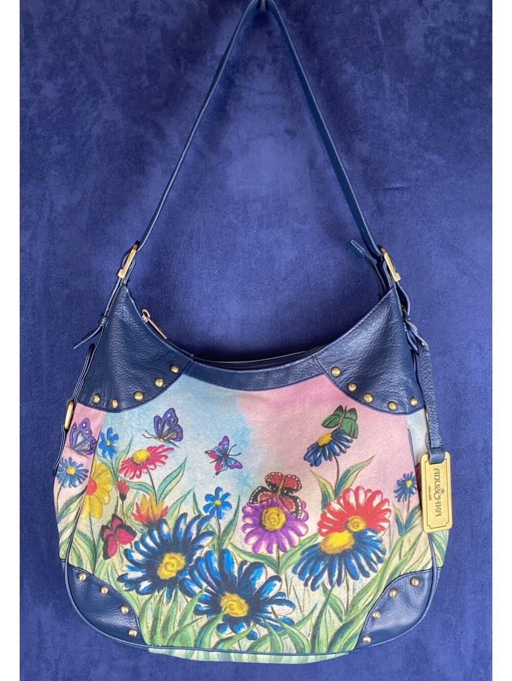 Anuschka Hand Painted Large Multi Pocket Hobo, Handbag Denim Daisy Field